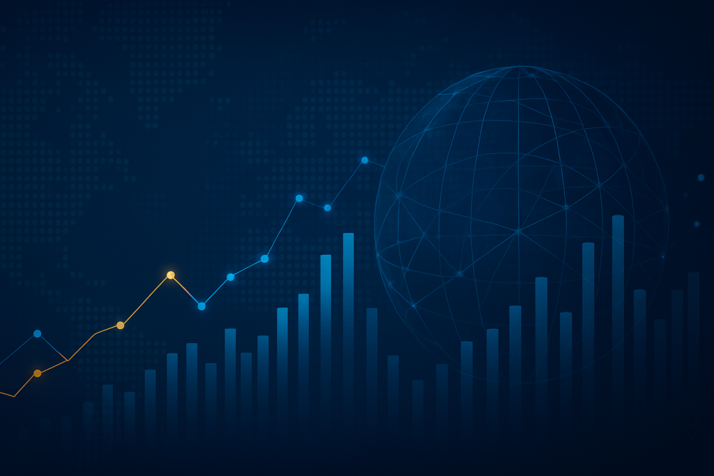 Wide banner showing a glowing world map with abstract bar charts, line graphs, and network nodes in blue tones, symbolizing global data, technology, and connectivity.