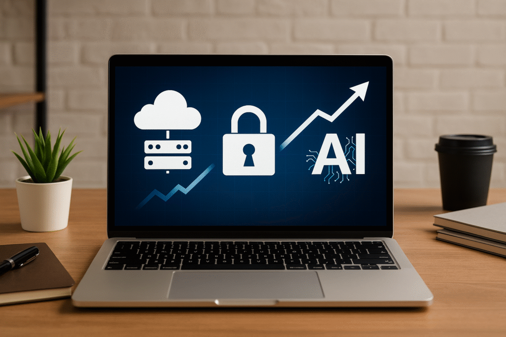Laptop on a desk showing cloud, security, and AI icons with an upward arrow graph, symbolizing IT certifications boosting salaries