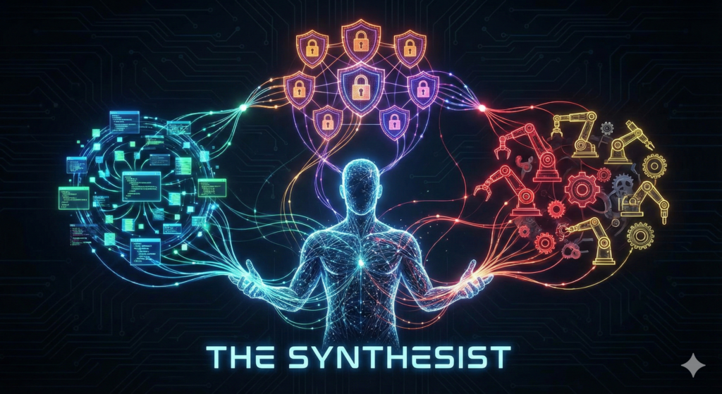 Abstract network diagram representing future-proof tech careers connecting AI agents, security, and physical infrastructur